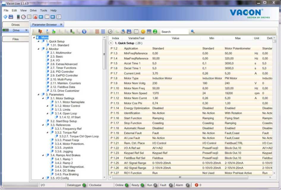 VACON 116 UPORABNIŠKI VMESNIKI 3.5 VACON LIVE Vacon Live je računalniško orodje za pripravo in vzdrževanje frekvenčnih pretvornikov Vacon 10, Vacon 20 in Vacon 100).