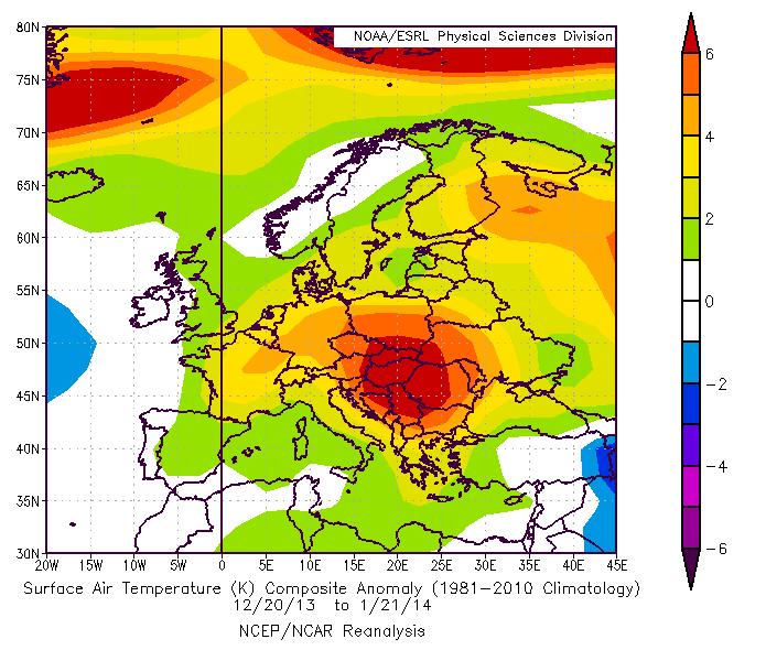 Slika. Odklon temperature zraka pri tleh nad Evropo v obdobju od. decembra 13 do 1. januarja 1 glede na referenčno obdobje 191 1.