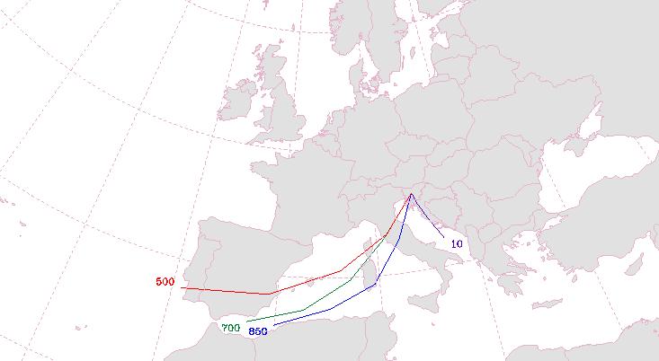 Slika 2. 24-urna pot zračne mase do osrednje Slovenije na različnih višinah v obdobju od 1. ure 1. do 1. ure 2.