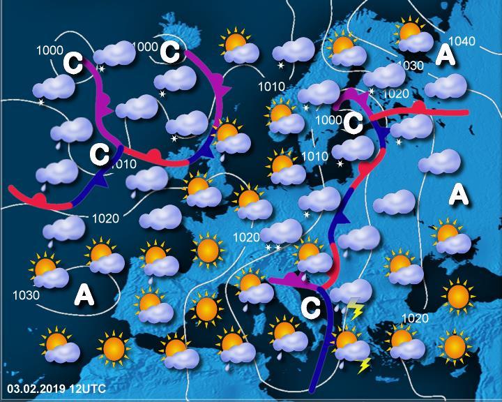 Slika 4. Vremenska slika nad Evropo 3. februarja zgodaj popoldne Opozorila Državna meteorološka služba je na podlagi napovedi meteoroloških modelov (primer prikazujeta sliki 5 in 6) 1. februarja ob 9.