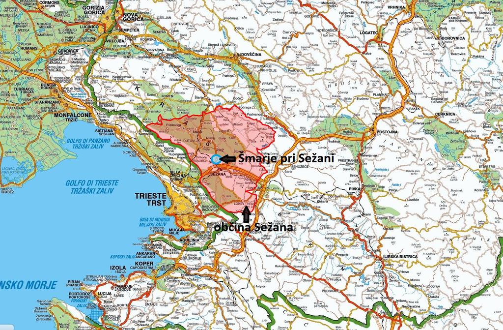 Slika: Lokacija občine Sežana in naselja Šmarje pri Sežani Vir: Geopedia interaktivni spletni atlas in zemljevid Slovenije, www.geopedia.si, maj 2017.