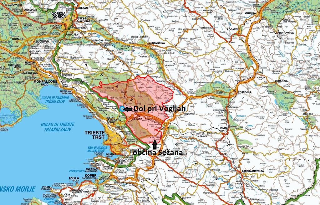 Slika: Lokacija občine Sežana in naselja Dol pri Vogljah Vir: Geopedia interaktivni spletni atlas in zemljevid Slovenije, www.geopedia.si, maj 2017.