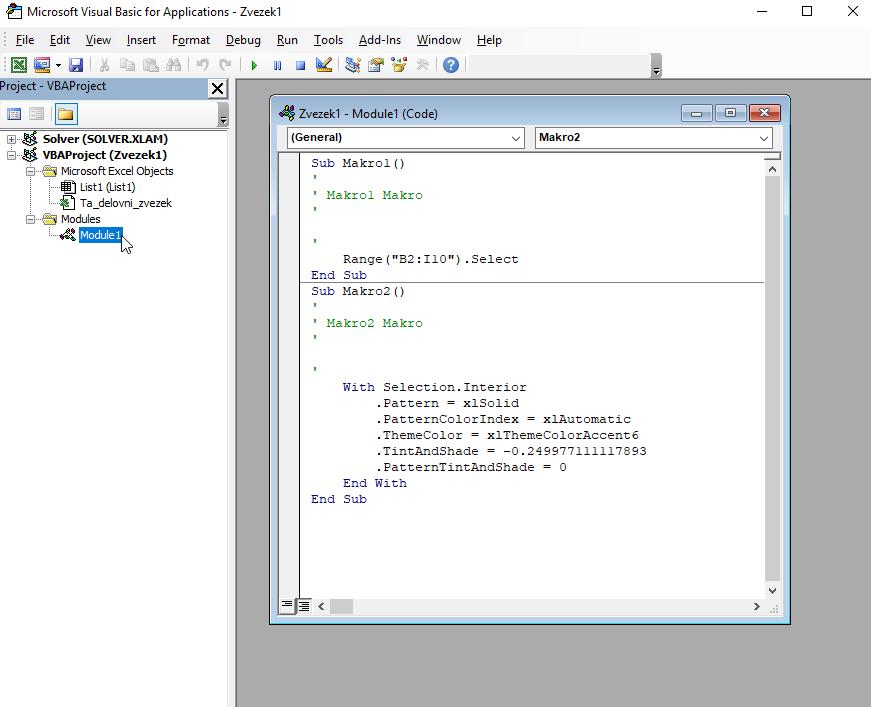 Preko zavihka Razvijalec odpremo urejevalnik Visual Basic in razpremo polje Moduli (angl.