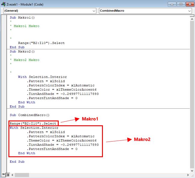 Slika 349: Združevanje makrov v urejevalniku Visual Basic Za Makrom2 se postavimo v novo vrstico in vpišemo Sub