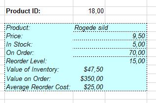 V našem primeru, ob spremembi vrednosti celice, ki je Product ID, Excel sam izračuna podatke, ki so primerne za Product ID (v našem primeru imamo vrednost 45) in jih izračuna za Product, Price, In