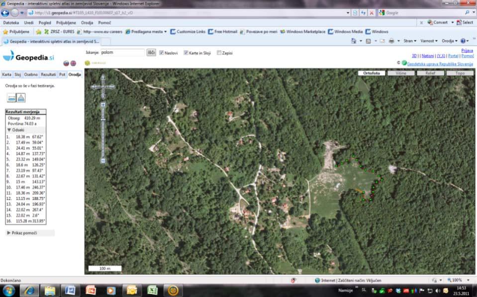 Oris pašnika v programu BaseCamp Pri 24 rejcih slike BirdsEye niso bile dovolj jasne, zato smo uporabili Geopedio, interaktivni spletni atlas in zemljevid Slovenije (http://v1.geopedia.