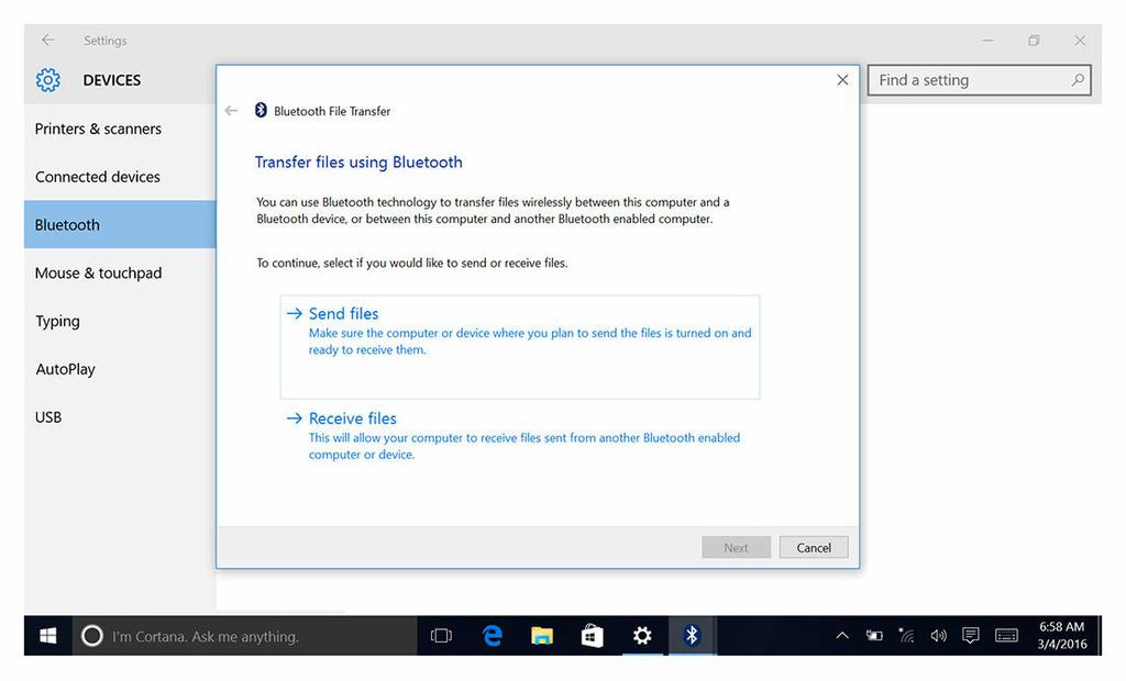 5 V oknu Bluetooth File Transfer (Prenos datotek s povezavo Bluetooth)kliknite ali tapnite Send files (Pošlji datoteke) in nato izberite datoteko, ki jo želite