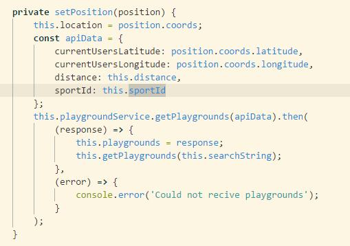24 Vid Stoschitzky Slika 3.7: Del kode, s katero dobimo trenutni zemljepisni položaj uporabnika Na sliki 3.7 lahko vidimo klic metode getplaygrounds, ki jo implementira storitev playgroundservice.
