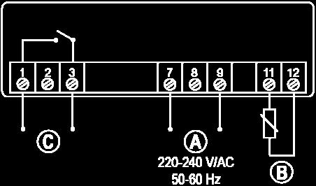 Temperaturni regulator ETC 100+ : A = vijačni konektor 7 in 9: priklop omrežne napetosti B = vijačni konektor 11 in