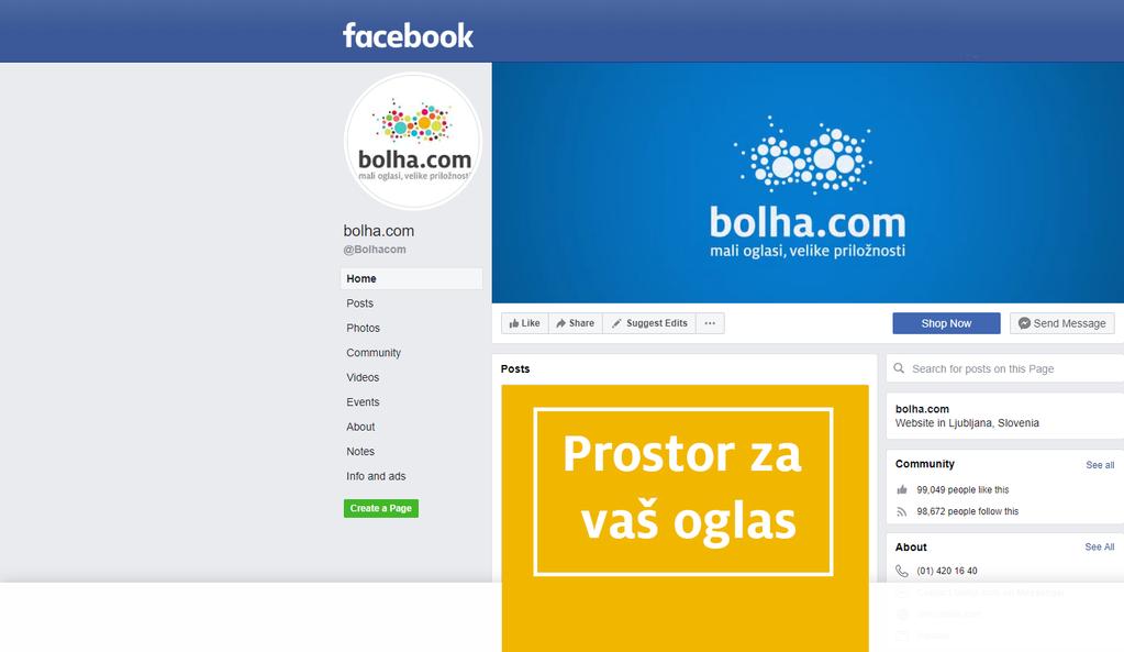 PROMOCIJA NA BOLHA.COM FACEBOOK PROFILU Izkoristite nov način promocije vaše blagovne znamke na Facebook profilu bolha.com! Predstavite vašo bolha.com trgovino na Facebooku.