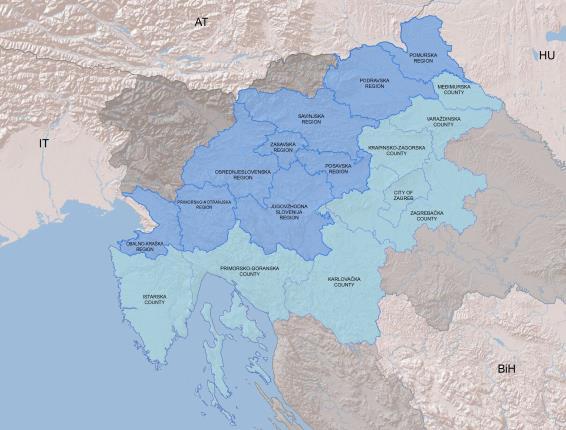 Karta 1 Programsko območje 2 glavni mesti, 332 občin in 8.457 naselij, 50 % prebivalstva živi v mestnih občinah PO sestavlja 332 občin in 8.457 naselij. Obe glavni mesti (Zagreb s 790.