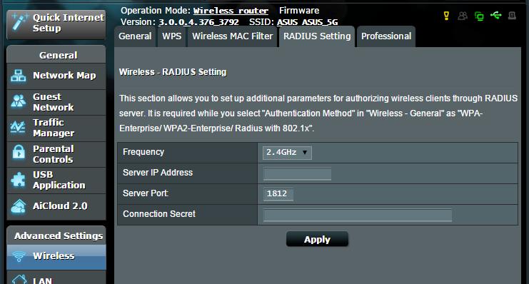4.1.4 Nastavitev protokola RADIUS Nastavitev RADIUS (Remote Authentication Dial In User Service) zagotavlja dodatno raven varnosti, če za način preverjanja pristnosti izberete WPA-Enterprise,