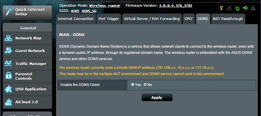 4.3.5 DDNS Nastavitev sistema DDNS (dinamični sistem DNS) vam omogoča dostop do usmerjevalnika zunaj omrežja prek storitve DDNS ASUS ali druge storitve DDNS. Sistem DDNS nastavite tako: 1.