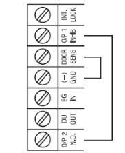 Standardni priklop ene kodne ključavnice s preverjanjem dovoljenja zaklepanja Gumb izstopa (znotraj hiše) Več izstopnih gumbov lahko priklopite paralelno Priklop nadzora dovoljenja OPOZORILO: Iz