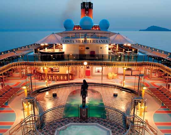 Ladja Costa MEDITERRANEA Na krovu ladje: 999 kabin, od tega 620 z zasebnim balkonom 3 restavracije, vključno z á la carte restavracijo Club Medusa, predhodna rezervacija 12 barov, vključno z»cognac &
