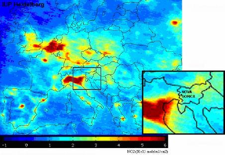 Slika 2 : Satelitski posnetek povpre+nih emisij dušikovega dioksida (NO 2 ) na obmo+ju Evrope, v obdobju od januarja 2003 do junija 2004 (www.esa.int).