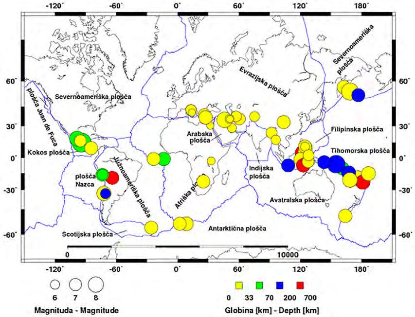 Slika 1: Porazdelitev najmočnejših potresov leta 2017 na Zemlji. Velikost krogov kaže potresno magnitudo, barva pa žariščno globino. Označene so tudi glavne tektonske plošče.