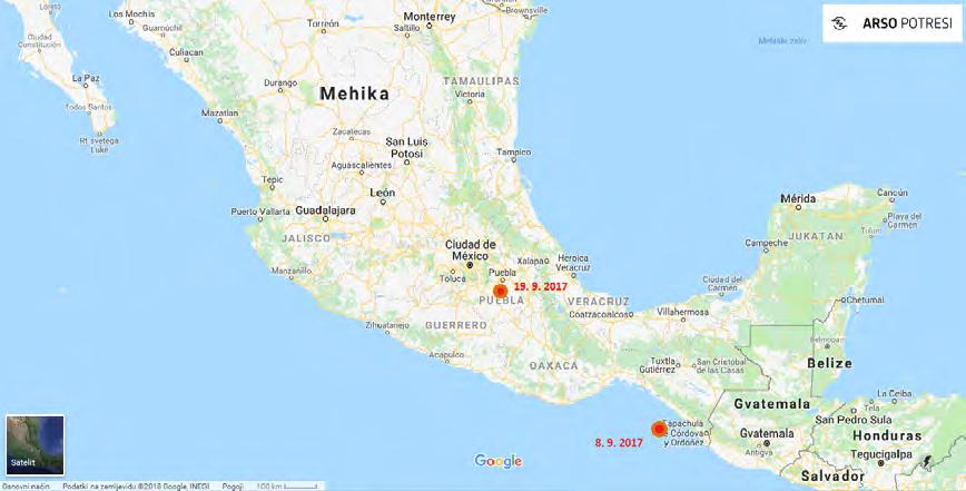 Slika 3: Lokaciji dveh potresov v Mehiki septembra 2017 ( Google) Figure 3: Two earthquakes in Mexico in September 2017 ( Google). Slika 4: Poškodovana zgradba v Cuidad de México (vir: https://en.