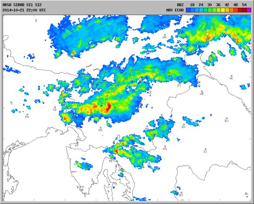 Slika 7. Največja radarska odbojnost padavin 21.