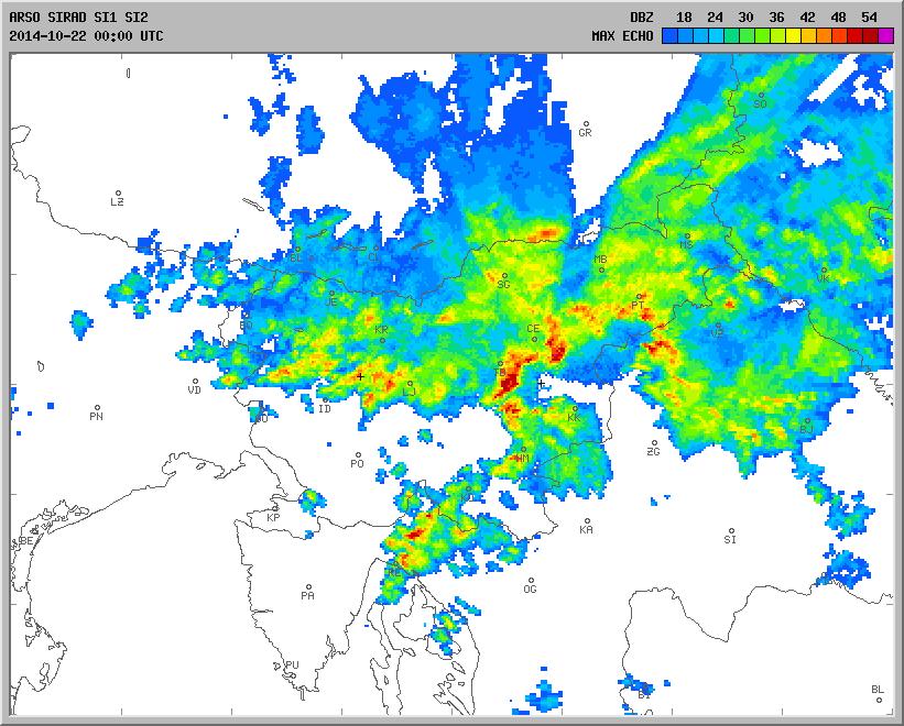 Slika 9. Največja radarska odbojnost padavin 22.