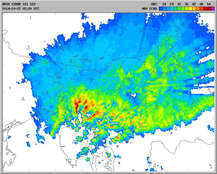 Slika 11. Največja radarska odbojnost padavin 22.