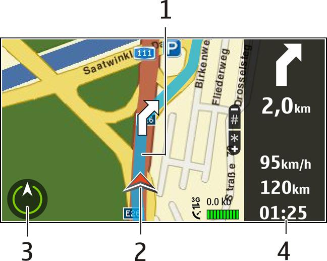 Navigacijski prikaz 1 Pot 2 Lokacija in smer 3 Kompas 4 Vrstica z informacijami (hitrost, razdalja, čas) Prometne in varnostne informacije Izboljšajte vožnjo z informacijami o dogodkih v prometu,