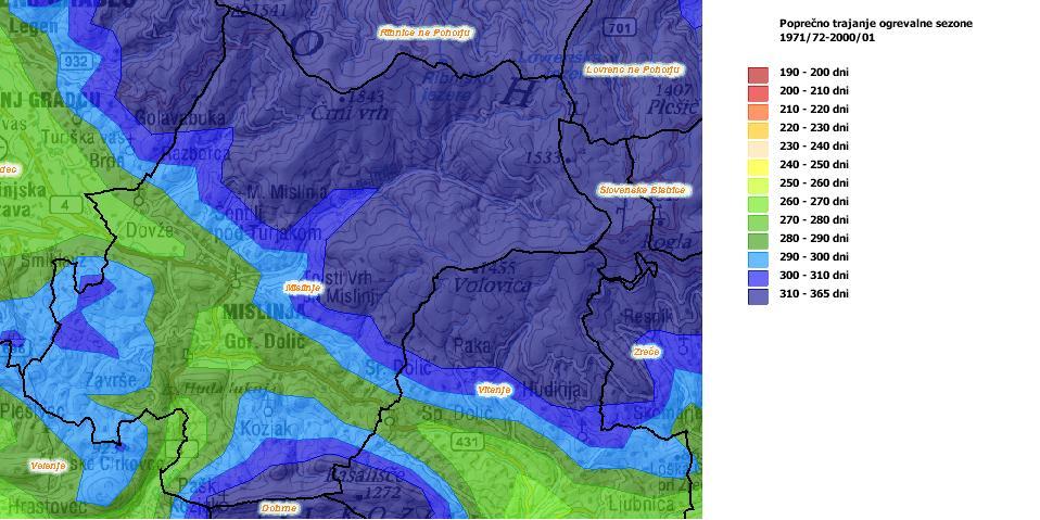 (Agencija RS za okolje) Slika 3: Povprečno trajanje ogrevalne sezone v občini Mislinja vir: Atlas okolja Letna količina padavin v Mislinji je 1.