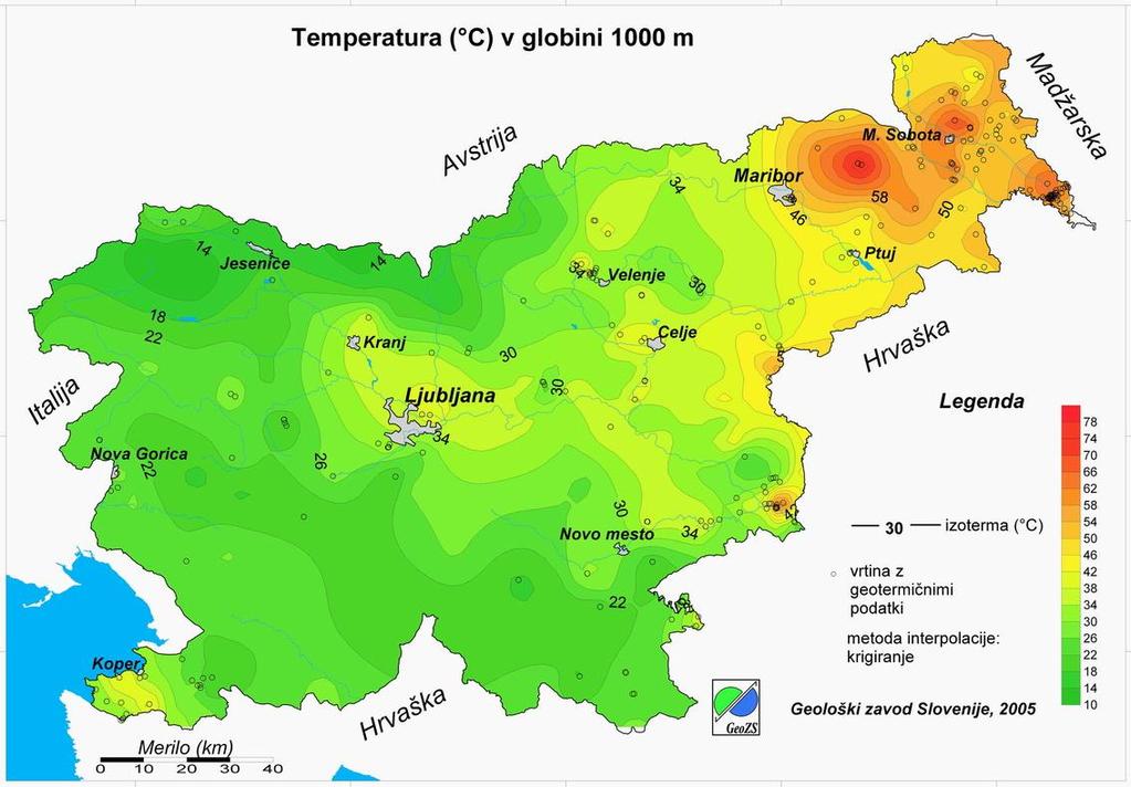 Slika 19: Temperatura Zemlje v globini 1.000 m Vir: Geotermična karta Slovenije, 2005 Na področju občine Mislinja se pojavlja relativno visok geotermalni potencial glede na celotno ozemlje Slovenije.