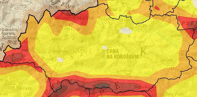 Slika 27: Povprečna letna hitrost vetra 50 m nad tlemi v obdobju 1994 2001 v občini Črna na Koroškem Vir: Atlas okolja, 2012 V okviru priprave novega Nacionalnega energetskega programa za obdobje