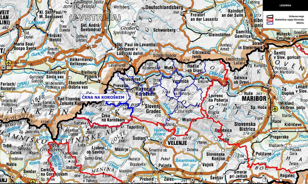 1.6. Predstavitev občine Črna na Koroškem Občina Črna na Koroškem leži v Zgornji Mežiški dolini ter spada v koroško statistično regijo.