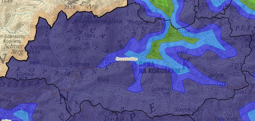 Slika 3: Povprečno trajanje ogrevalne sezone v občini Črna na Koroškem vir: Atlas okolja Slika 4: Povprečno število dni s padavinami v občini Črna na Koroškem vir: Atlas okolja Največja reka v občini