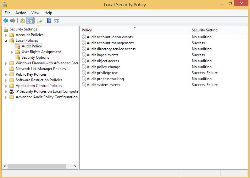 6 2 Spremljanje stanja varnosti v informacijskem okolju Slika 2.2 Primer kategorij v Event Logu na Windows 10 operacijskem sistemu. Slika 2.3 Primer nastavitev Audit policy na Windows 10 operacijskem sistemu.