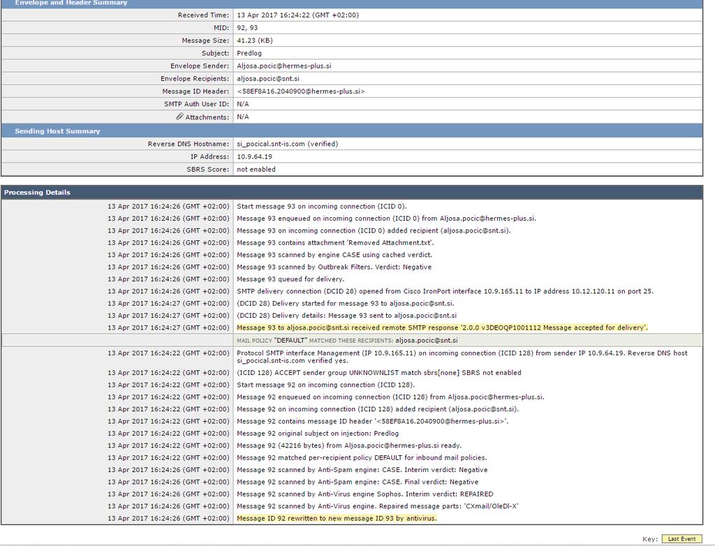 2.2 Beleženje sistemskih dogodkov 9 Slika 2.5 Primer zapisa programske opreme Cisco ESA verzije 10