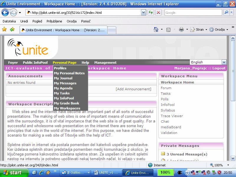 Slika 1: Spletna aplikacija UNITE z razlinimi orodji za pomo e-izobraževanju UNITE (UNITE Description of Work, 2005-2008) sestoji iz treh razlinih tehnologij, kjer vsaka predstavlja del celote:
