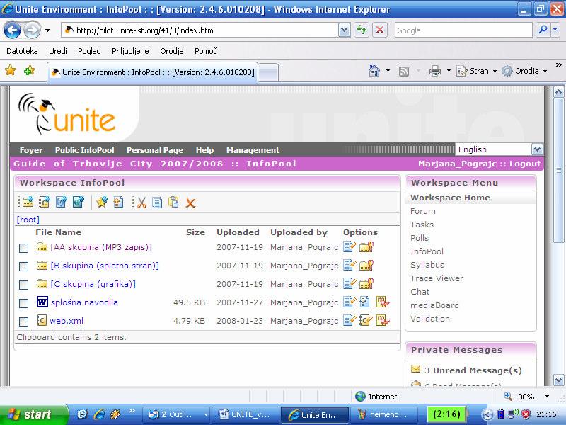 Slika 4: Spletna aplikacija UNITE z izdelki dijakov S pomojo orodja Notepad++ in kode PHP se je oblikoval e-vodi, ki omogoa virtualni sprehod po Trbovljah v slovenskem, angleškem in nemškem jeziku z