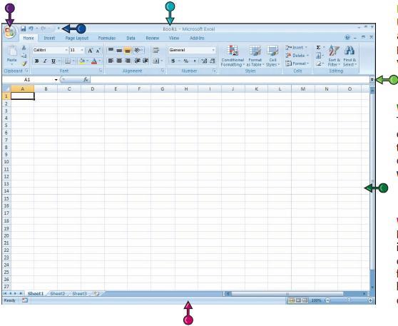 Excel okno Gumb Microsoft Office Prikaže nekdanji meni File, v katerem najdemo ukaze Odpri, Shrani, Natisni, Orodna vrstica za hitri dostop Prikazuje pogosto uporabljane ukaze, kot so Shrani,