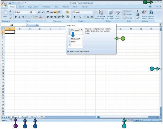 Excel okno Okenski ukazi Trije gumbi za minimizacijo, maksimizacijo in zapiranje okna Namig se pojavi, če se s kurzorjem postavite na katerega od ukazov na traku Navpični in