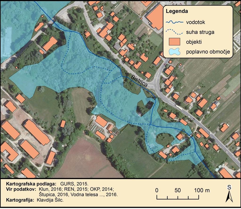 Slika 16: Poplavno območje v Hrovači 4.5.7. Goriča vas Poplave na območju požiralnikov so sezonske narave, poplavijo zelo majhno območje ter ne ogrožajo prebivalcev in njihovega imetja.