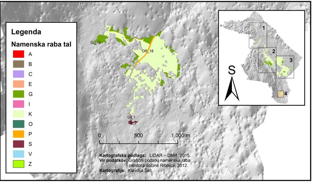 Slika 30: Namenska raba tal in oznake EUP stavbnih zemljišč poplavnega sveta v Grčaricah A površine razpršene poselitve, B posebna območja, C območja centralnih dejavnosti, E območja energetske
