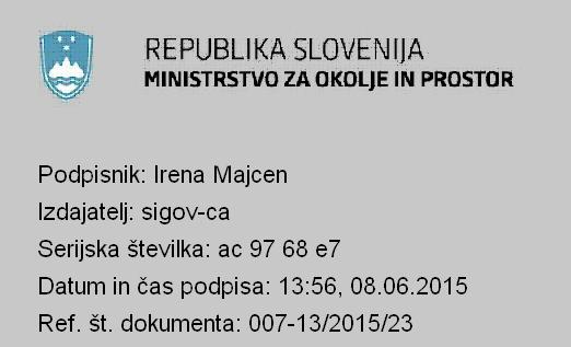 apple REPUBLIKA SLOVENIJA MINISTRSTVO ZA OKOLJE IN PROSTOR Dunajska cesta 47, 1000 Ljubljana T: 01 478 74 00 F: 01 478 74 25 E: gp.mop@gov.si www.mop.gov.si Številka: 007-13/2015 Ljubljana, dne 29. 5.