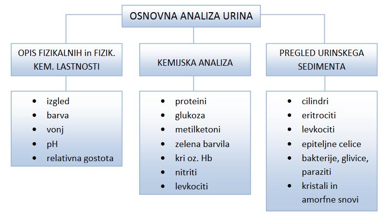 3.5.3 OSNOVNA URINSKA ANALIZA Tabela 2: Osnovna analiza urina (Braček, 2011) Osnovna urinska analiza je ena najpogostejših preiskav v medicini. Zanjo je najbolj primeren jutranji seč.
