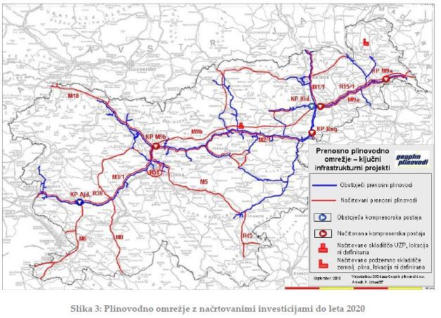 Slika 51: Plinovodno omrežje v Sloveniji do leta 2020 Plinovodno omrežje na širšem območju Jesenic je zgrajeno skladno načrti plinifikacije.