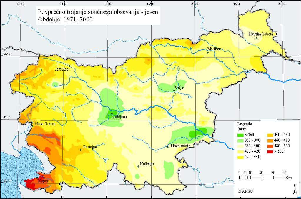 Slika 23: Povprečno trajanje sončnega obsevanja v SLO vse slike vir:»javne informacije Slovenije«, ARSO meteo.si.