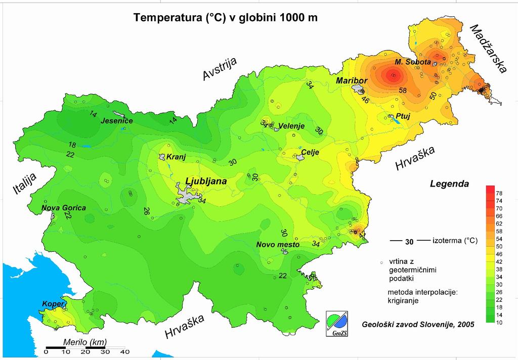 Geotermalna energija se lahko izrablja tudi v sistemih s toplotnimi črpalkami, vendar ni poznan noben tak delujoč sistem v Občini Jesenice. Slika 24: Geotermalna karta Slovenije vir: http://www.