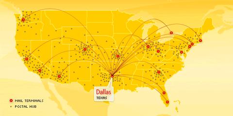 Slika 3: Centralizirano skladišče DHL-a v Dallasu (ZDA) Vir: http://us.dhlglobalmail.com/media/images/domestic-network.gif(27.4.