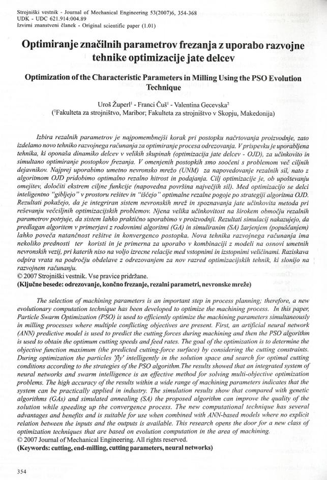 Strojniški vestnik - Journal of Mechanical Engineering 53(2007)6, 354-368 UDK - UDC 621.914:004.89 Izvirni znanstveni članek - Original scientific paper (1.