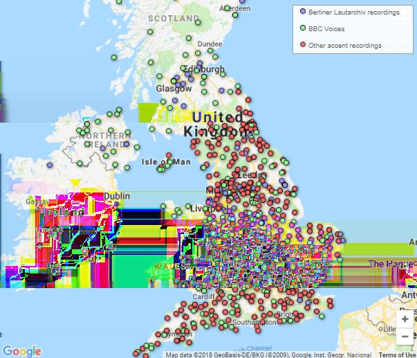 6 Ivan Lovrić Slika 2.2: Zvočna karta naglasov in narečij Velike Britanije kot prekrivek (angl. overlay) obstoječemu zemljevidu.