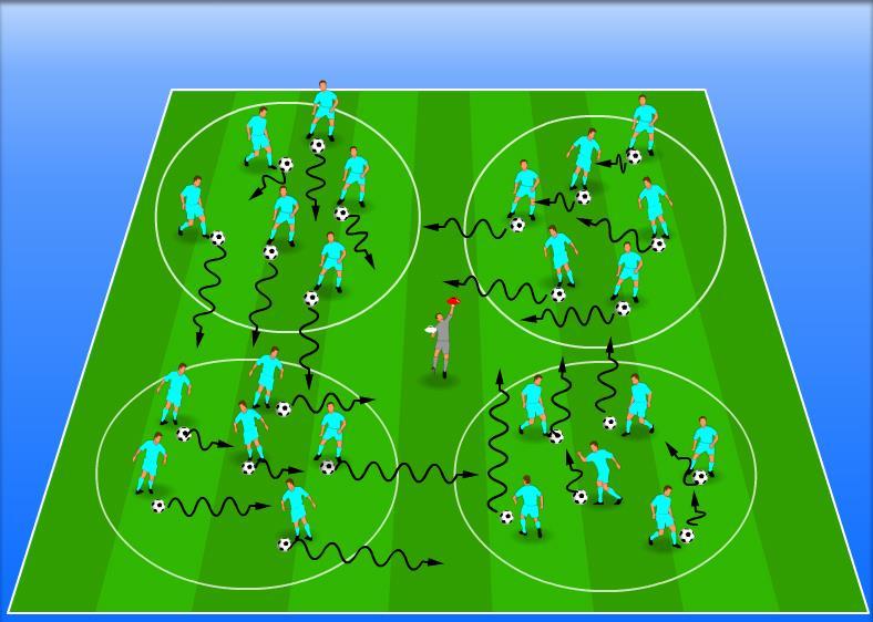 Vaja 2: VODENJE Z MENJAVO POLJ (5 minut) Igralci vodijo vsak svojo žogo v označenem polju. Na trenerjev znak (dvignjena MM določene barve) zamenjajo polja na vnaprej določen način (npr.