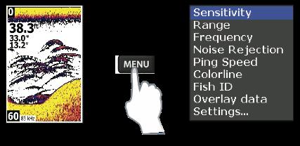 MENI SONARJA Občutljivost ( Sensitivity ) Nastavitev, ki nadzira stopnjo podrobnosti prikazanih na zaslonu. Zaradi prevelike količine podrobnosti lahko postane zaslon nepregleden.