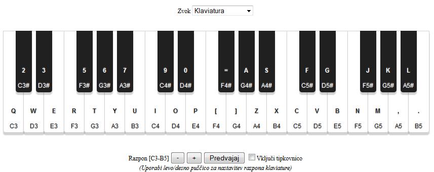 3.1. STRAN ZA ISKANJE 17 Slika 3.2: Klaviatura za vnos poizvedbe in gumbi za nastavitve razpona oktav, vključitev tipk tipkovnice in izbira zvoka tipk.